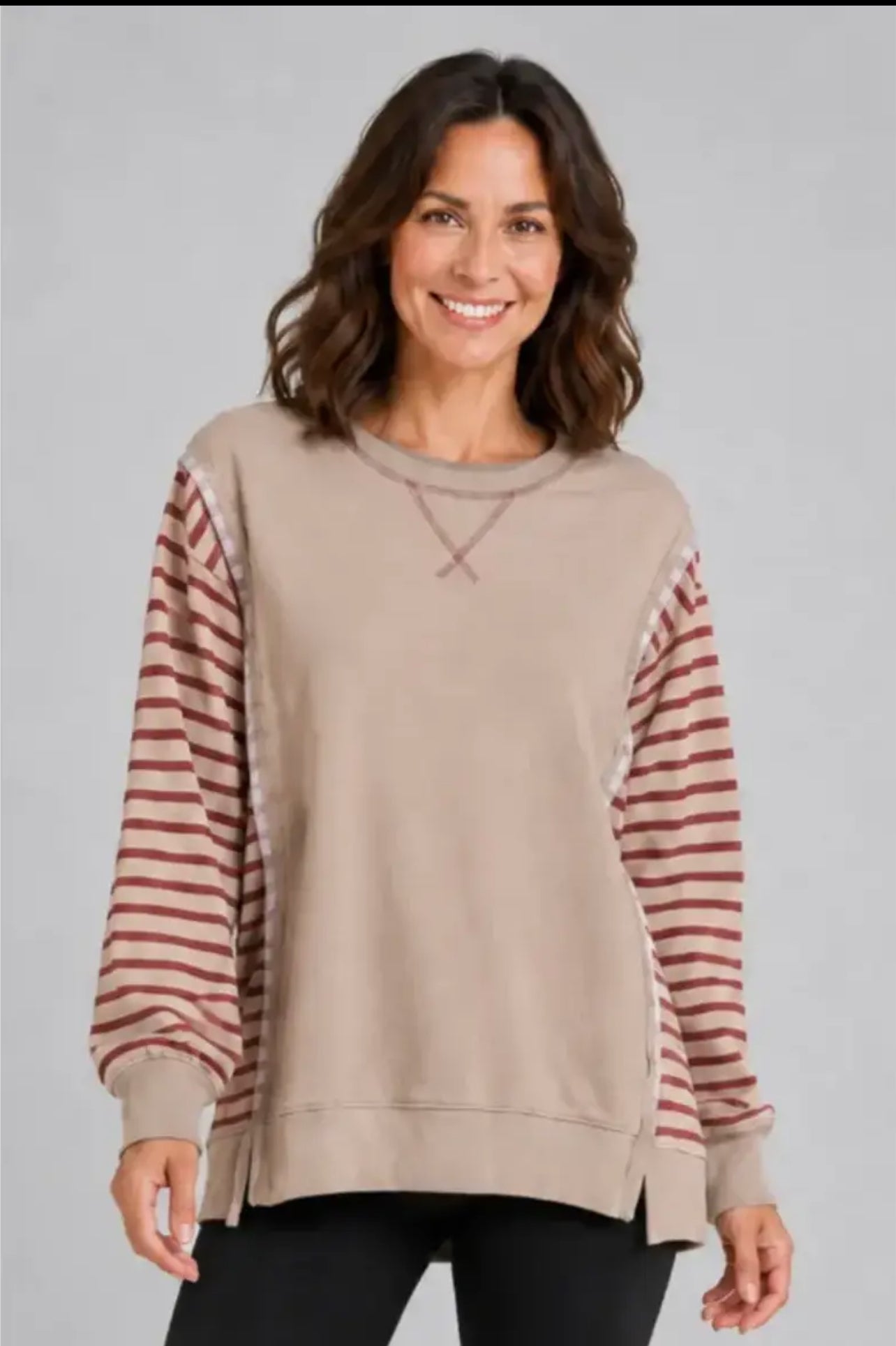 French Terry Raw Trim Stripe Pullover