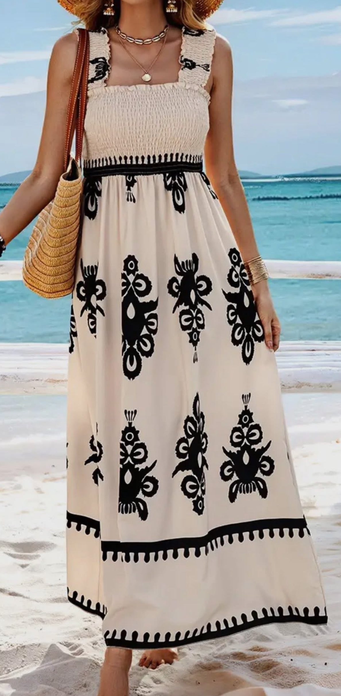 Ruched Square Neck Sleeveless High Waist Dress