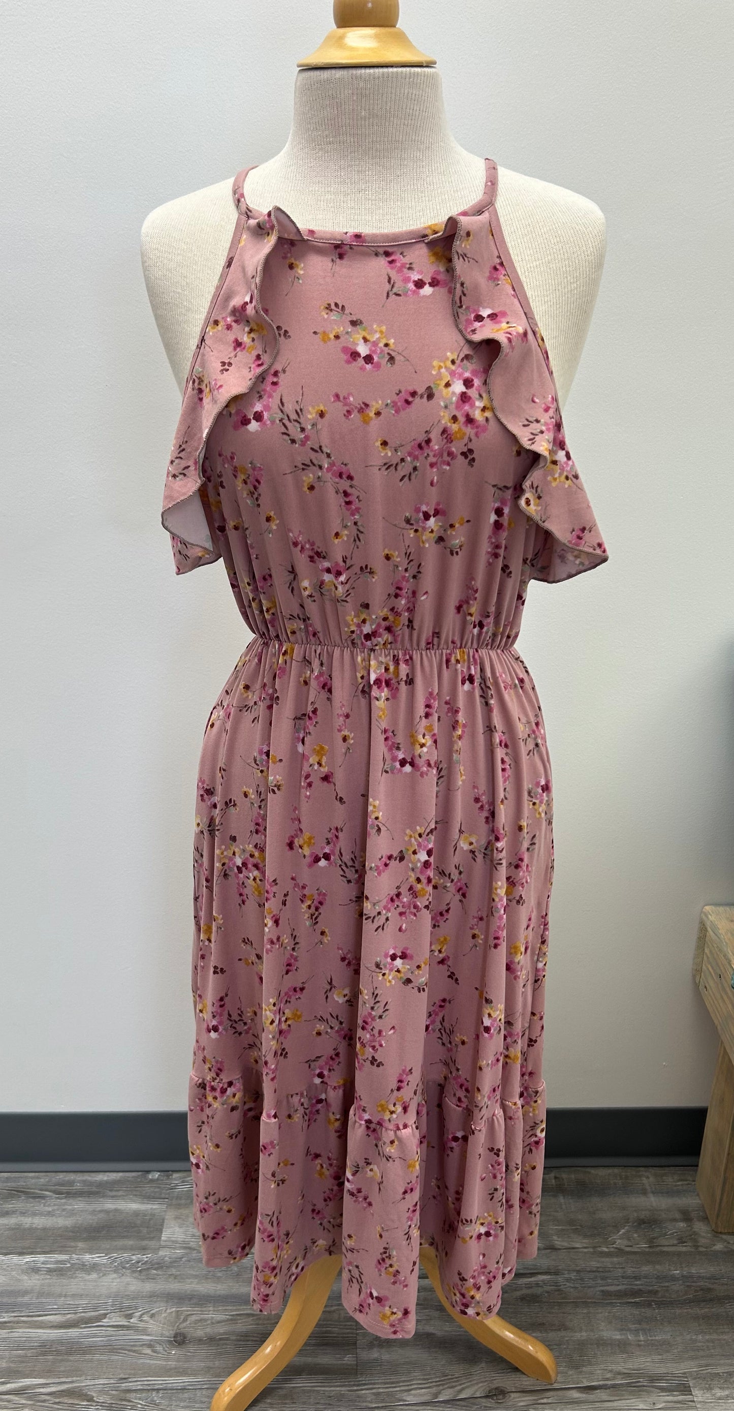 Mauve Halter Pocketed Flutter Dress