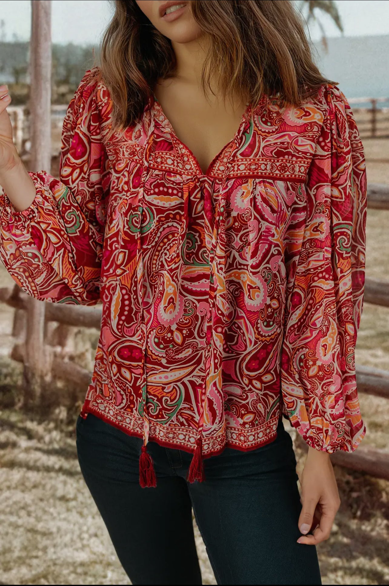 Paisley Print Puff Sleeve Boho Top