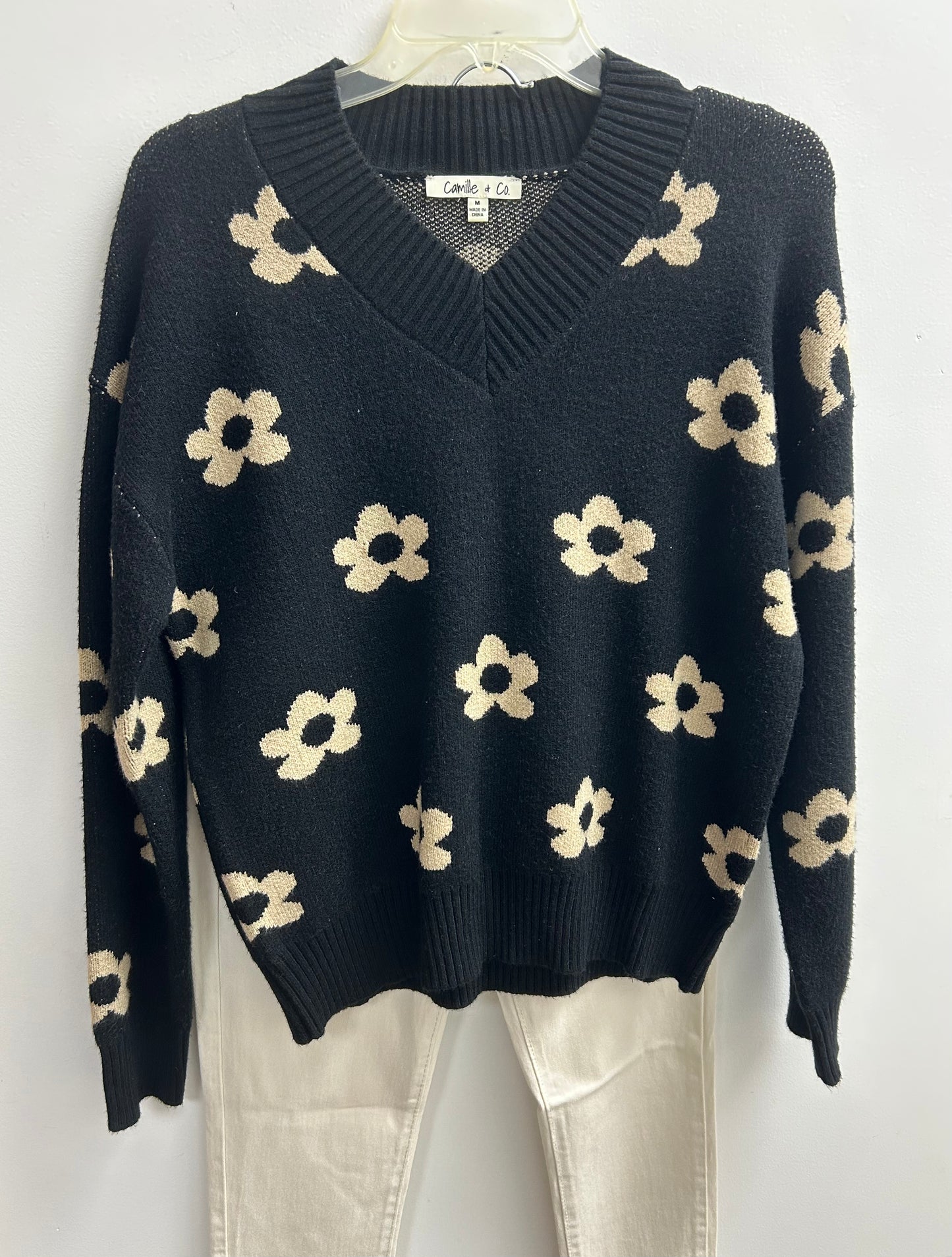 Flower Print Black V-Nexk