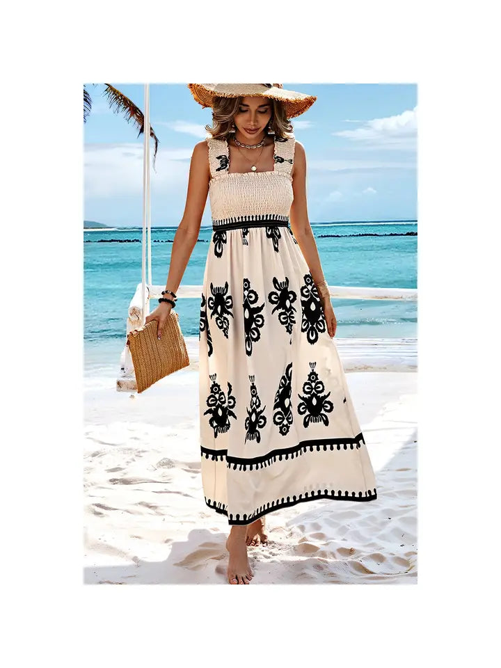 Ruched Square Neck Sleeveless High Waist Dress