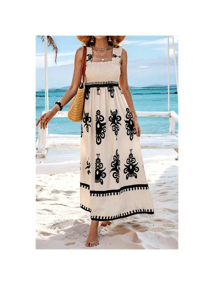 Ruched Square Neck Sleeveless High Waist Dress