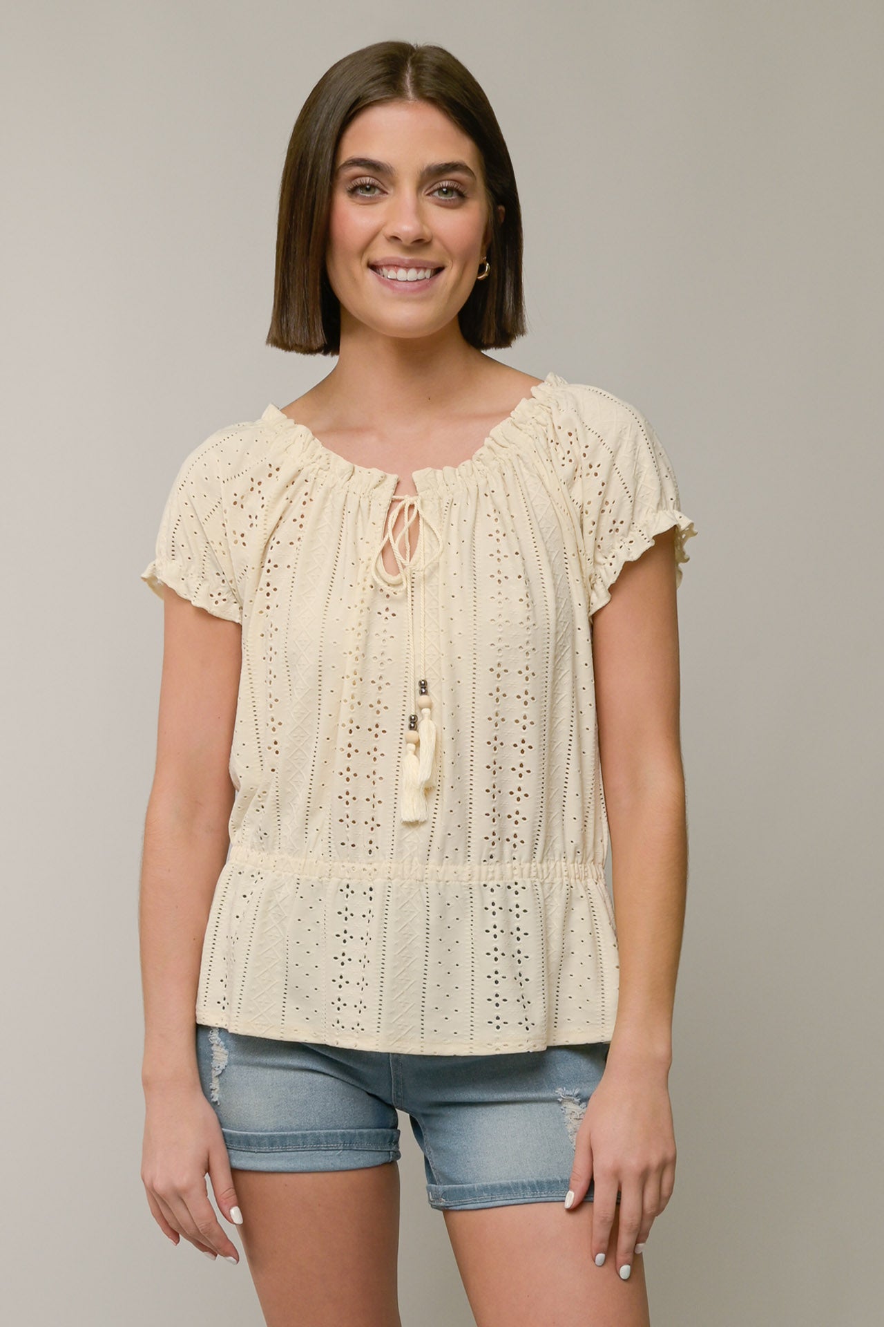 Scoop Neck Eyelet Peplum Top
