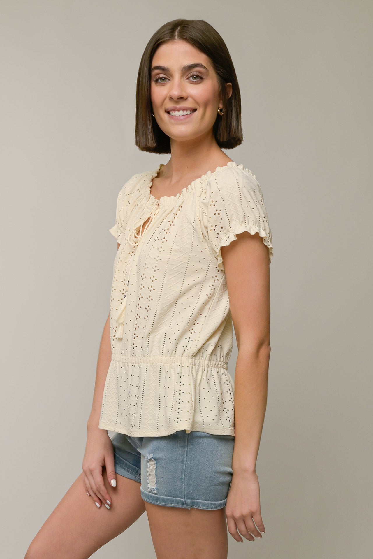 Scoop Neck Eyelet Peplum Top