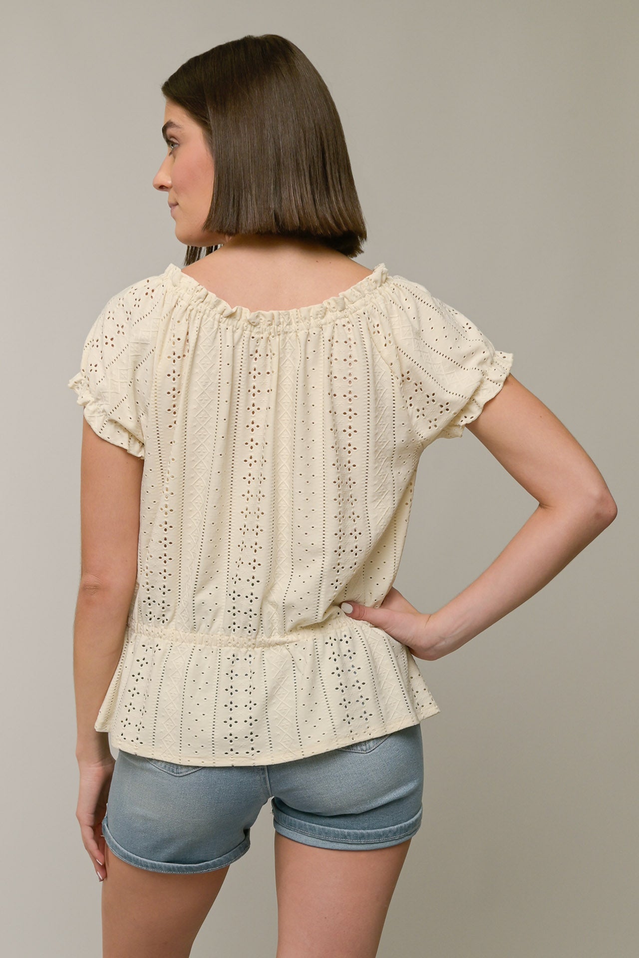 Scoop Neck Eyelet Peplum Top
