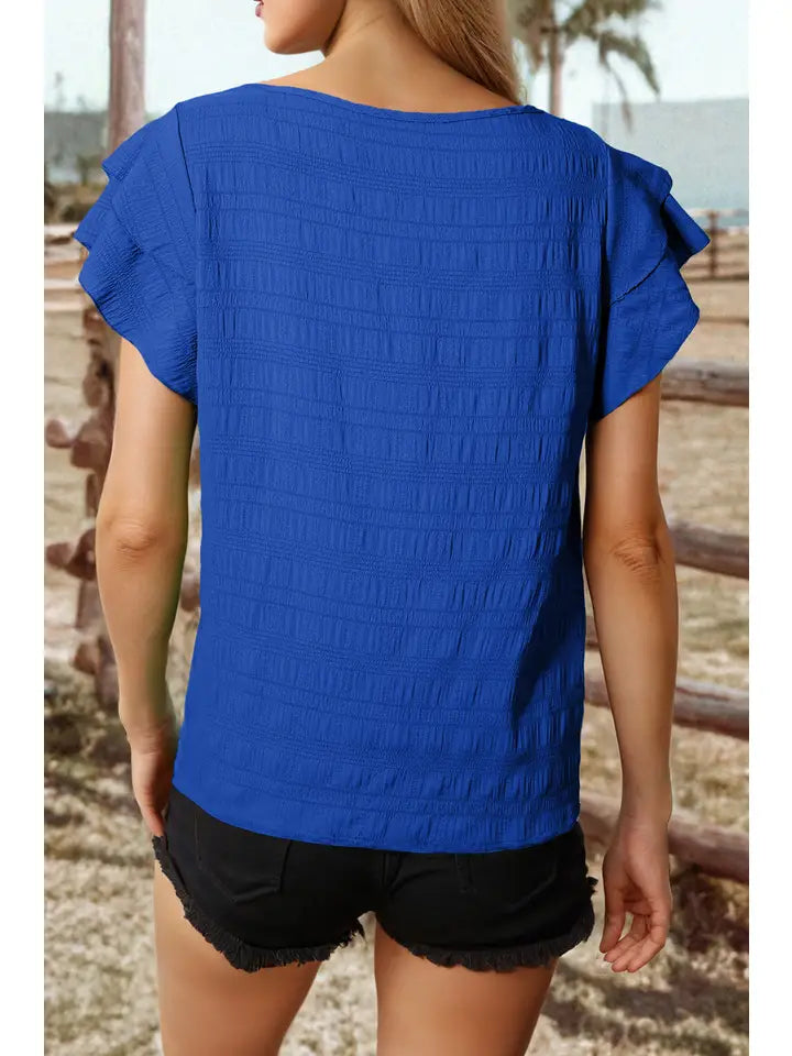 Round Neck Ruffled Sleeve Blue Top