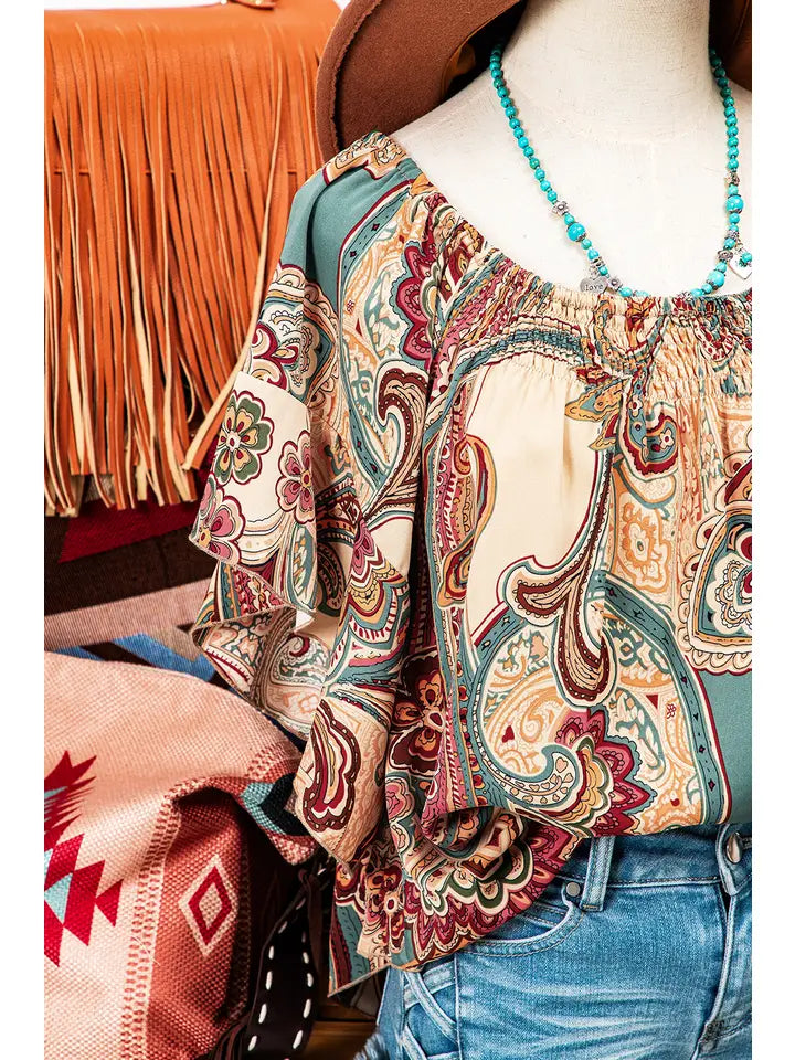 Paisley Shirred Off Shoulder Ruffled Draped Sleeve