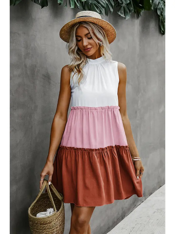 Colorblock Ruffle Hem Tiered Dress