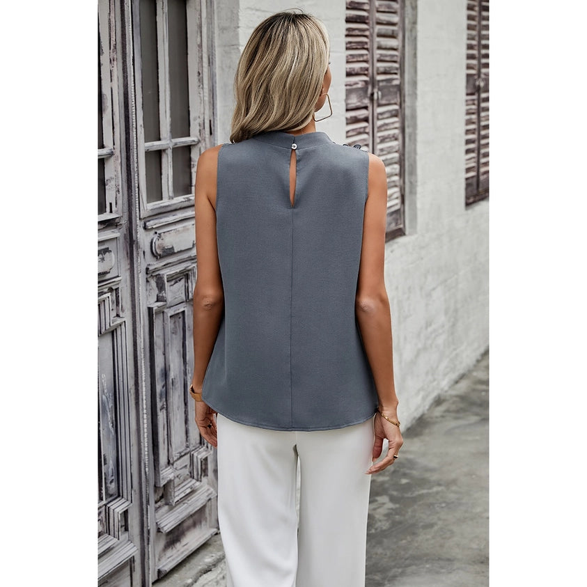 Solid Button Trim Sleeveless Top