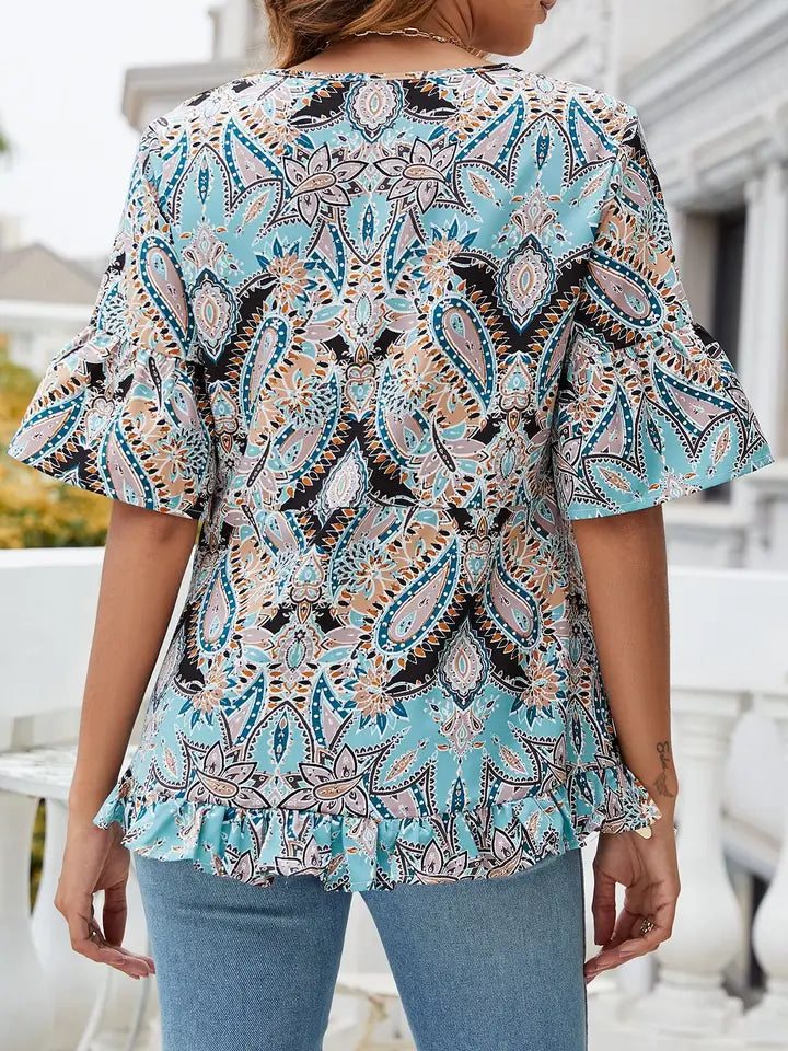 V neck Casual Flared Sleeve Blouse