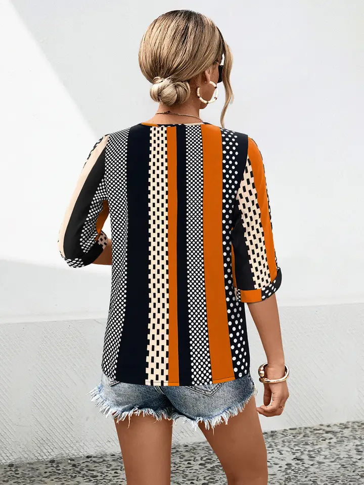 Striped Polka Dot Crew Neck Top