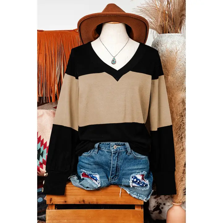 Colorblock Long Sleeve V Neck