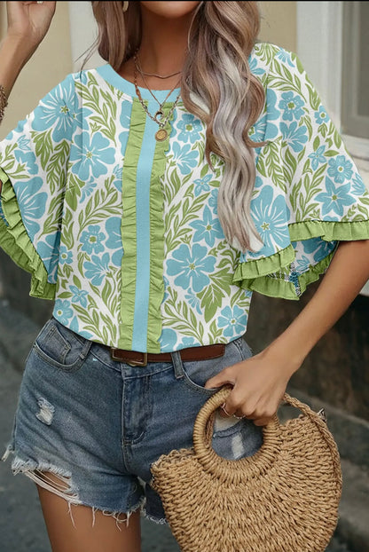 Blue and Green Decorative Ruffle Sleeve Top