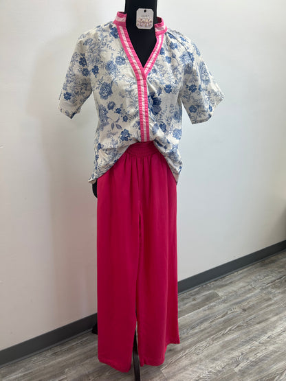 Blue and White Floral Top with Pink Collar