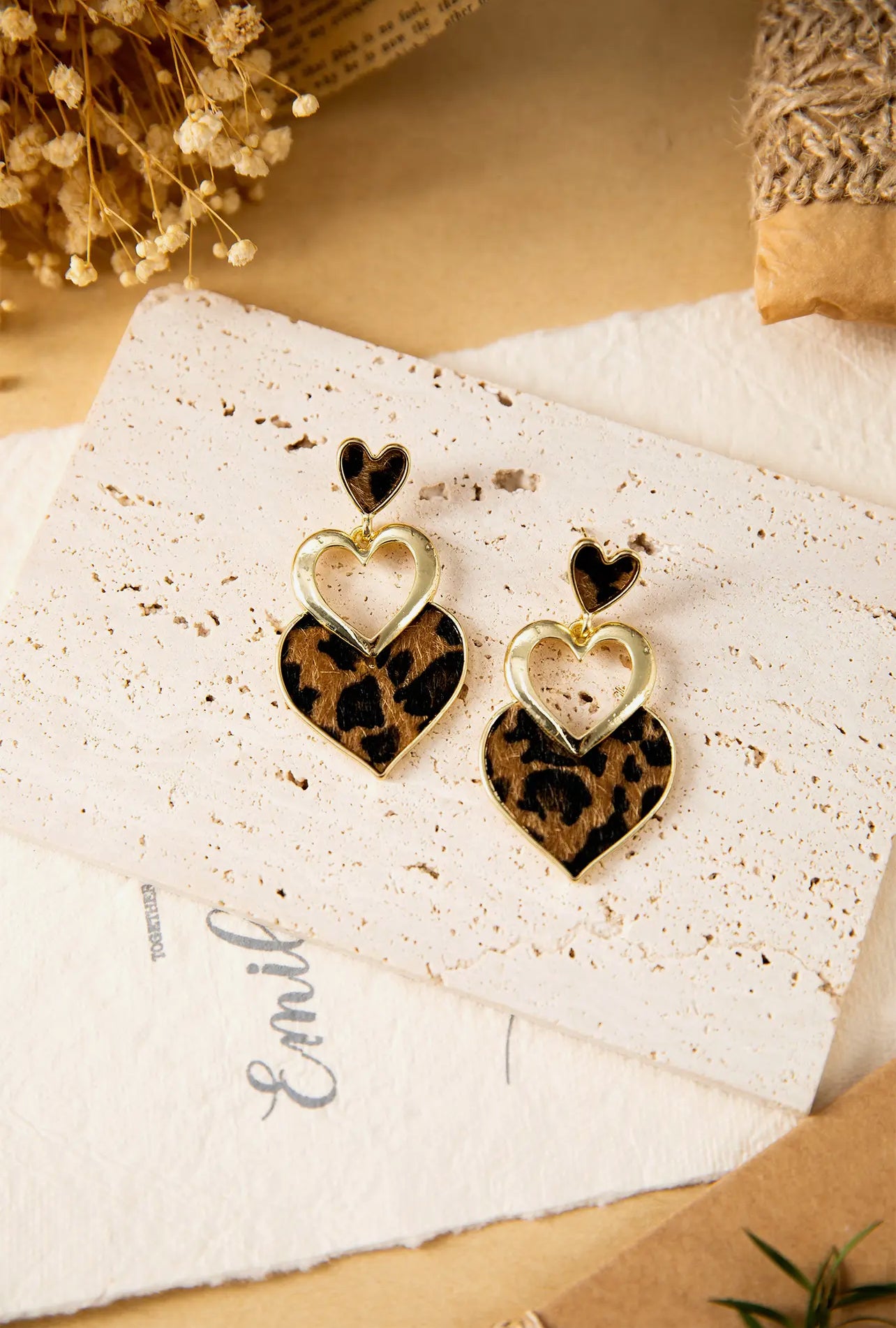 Heart-Shaped Leopard Print Cutout Pendant Earrings