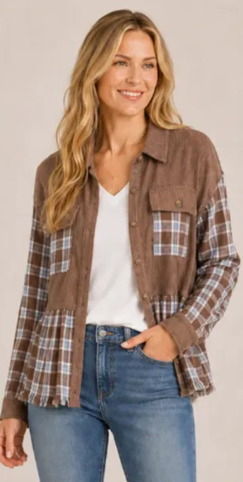 Plaid and Corduroy Button Up Jacket