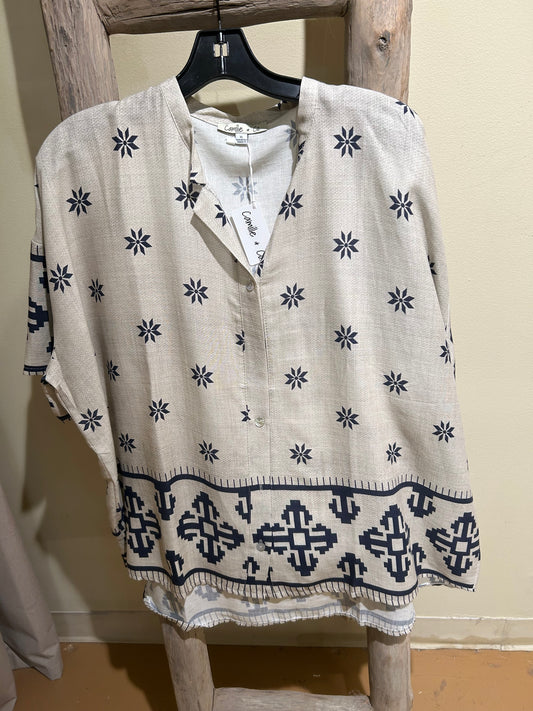 Linen Beige and Blue Top
