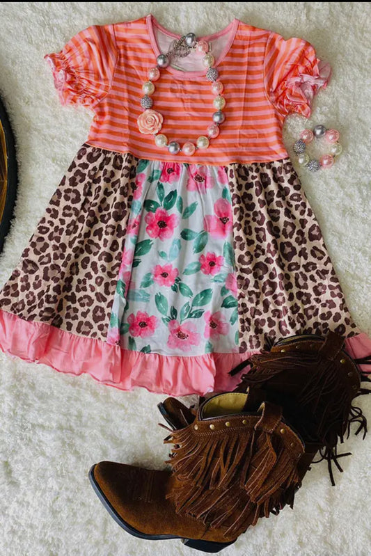 Leopard and Floral Print Girls Dress