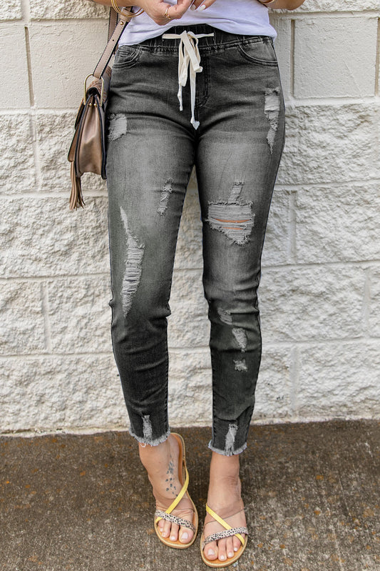 Black Distressed Elastic Waist Jeans