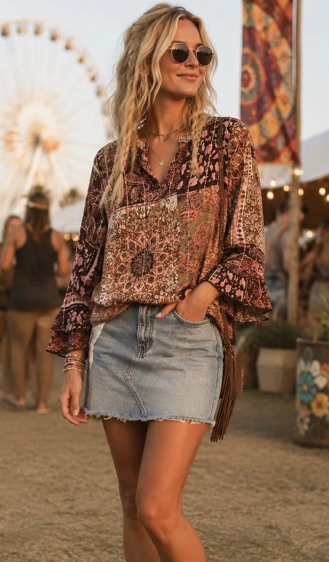 Paisley Crepe Ruffle Sleeve Blouse