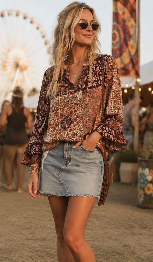 Paisley Crepe Ruffle Sleeve Blouse