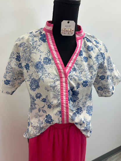 Blue and White Floral Top with Pink Collar