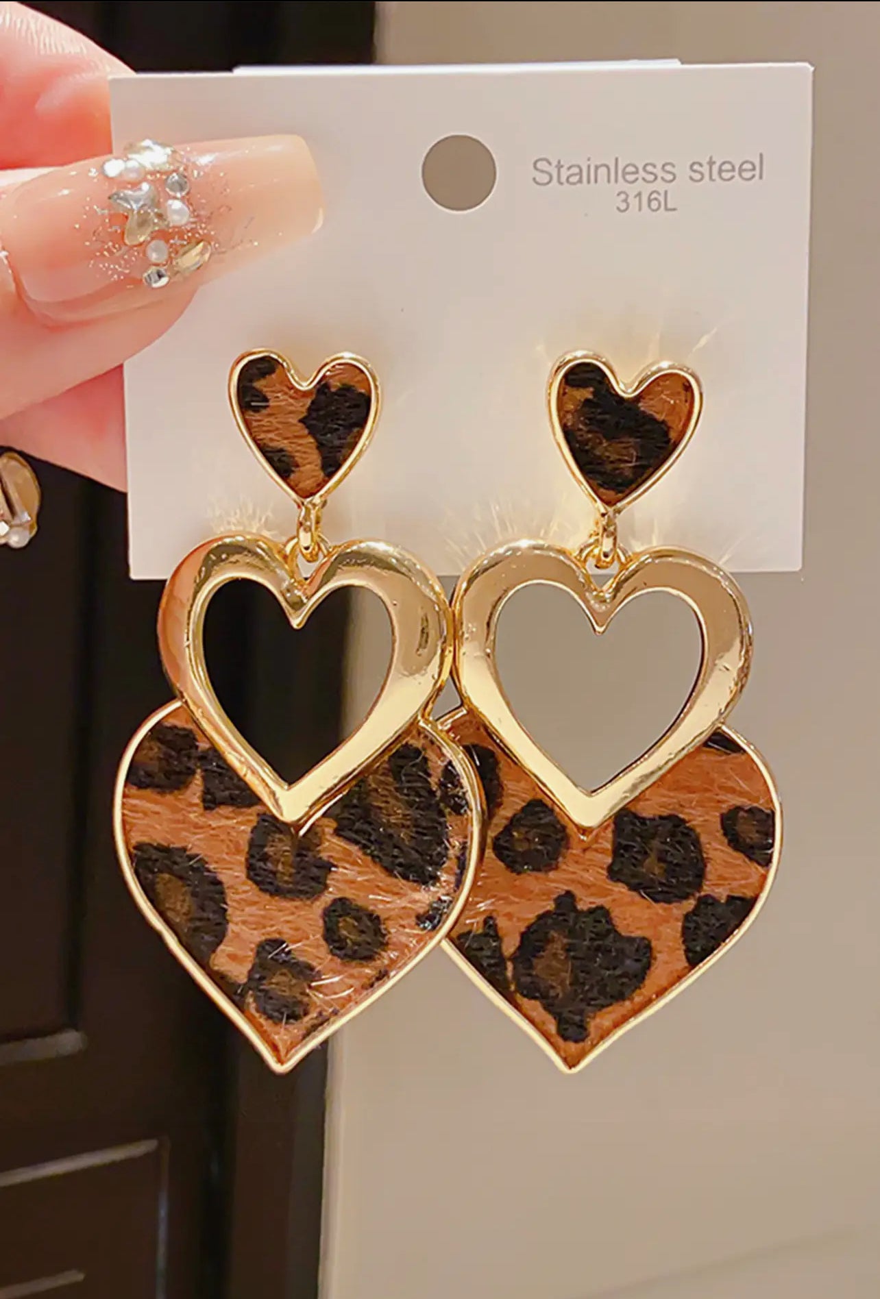 Heart-Shaped Leopard Print Cutout Pendant Earrings