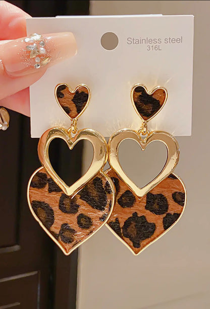 Heart-Shaped Leopard Print Cutout Pendant Earrings