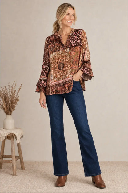 Paisley Crepe Ruffle Sleeve Blouse