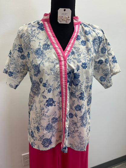 Blue and White Floral Top with Pink Collar