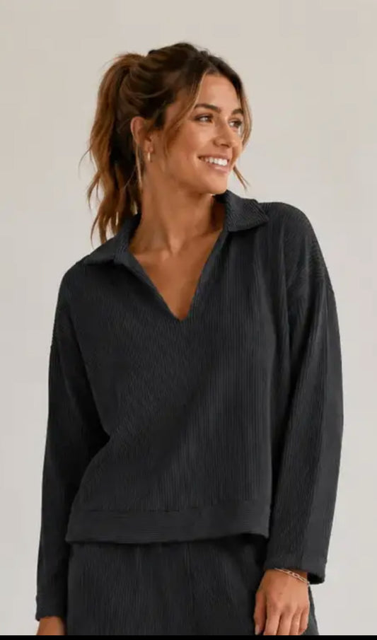 Urban Ribbed Drop Shoulder Collared Top