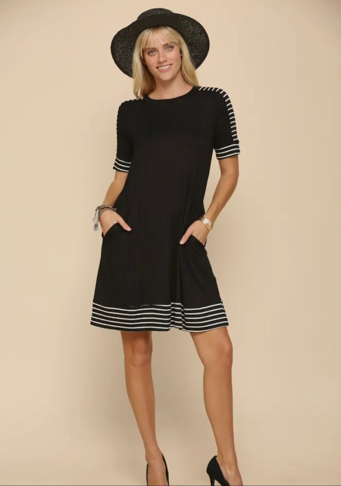 Solid Black Striped Midi Dress