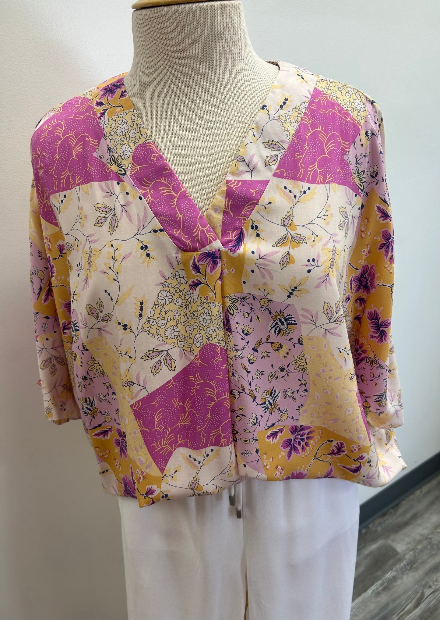 Cream and purple v neck Top