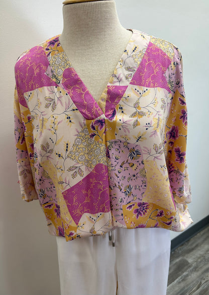 Cream and purple v neck Top