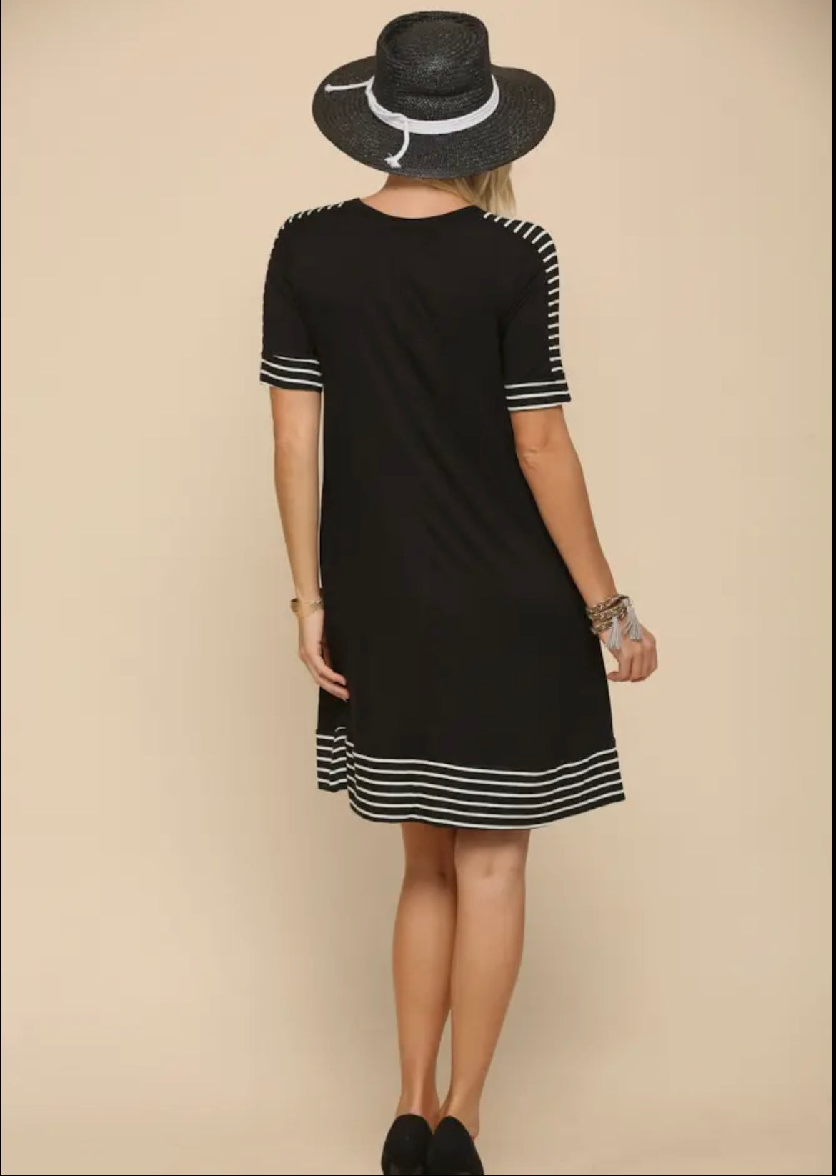 Solid Black Striped Midi Dress