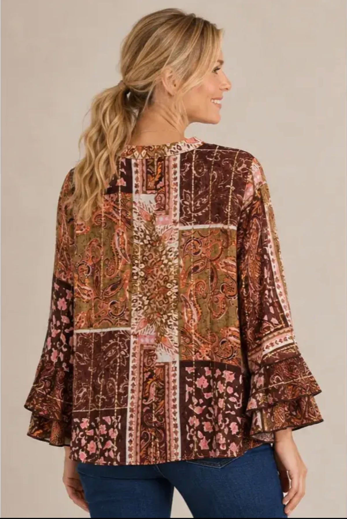 Paisley Crepe Ruffle Sleeve Blouse