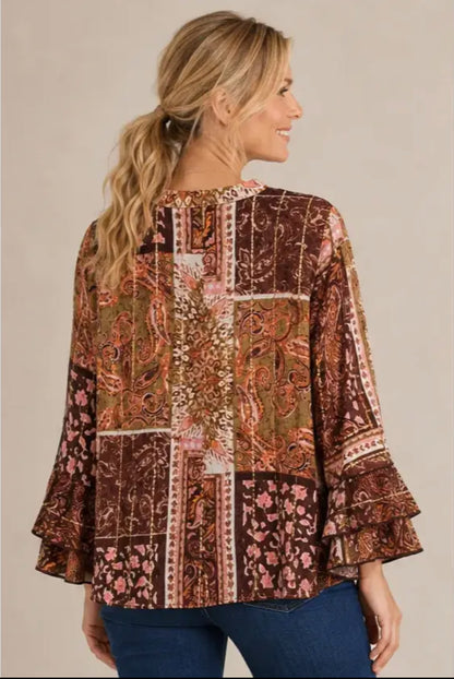 Paisley Crepe Ruffle Sleeve Blouse