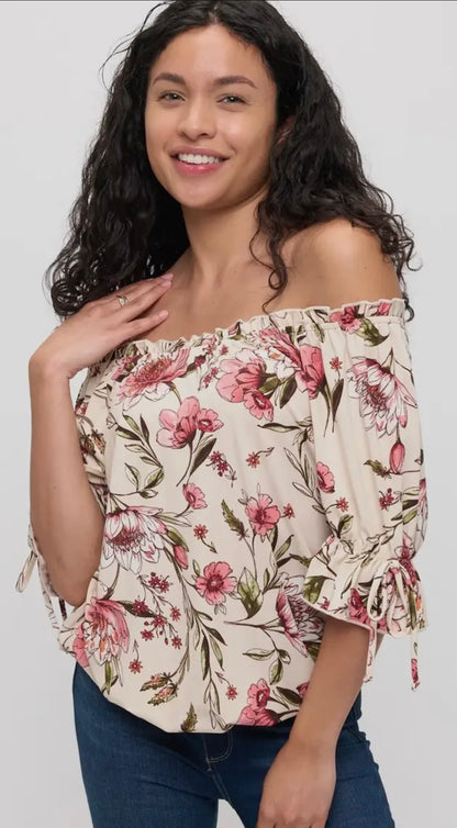 Floral Ruffle Neck Tie Sleeve Peasant Top