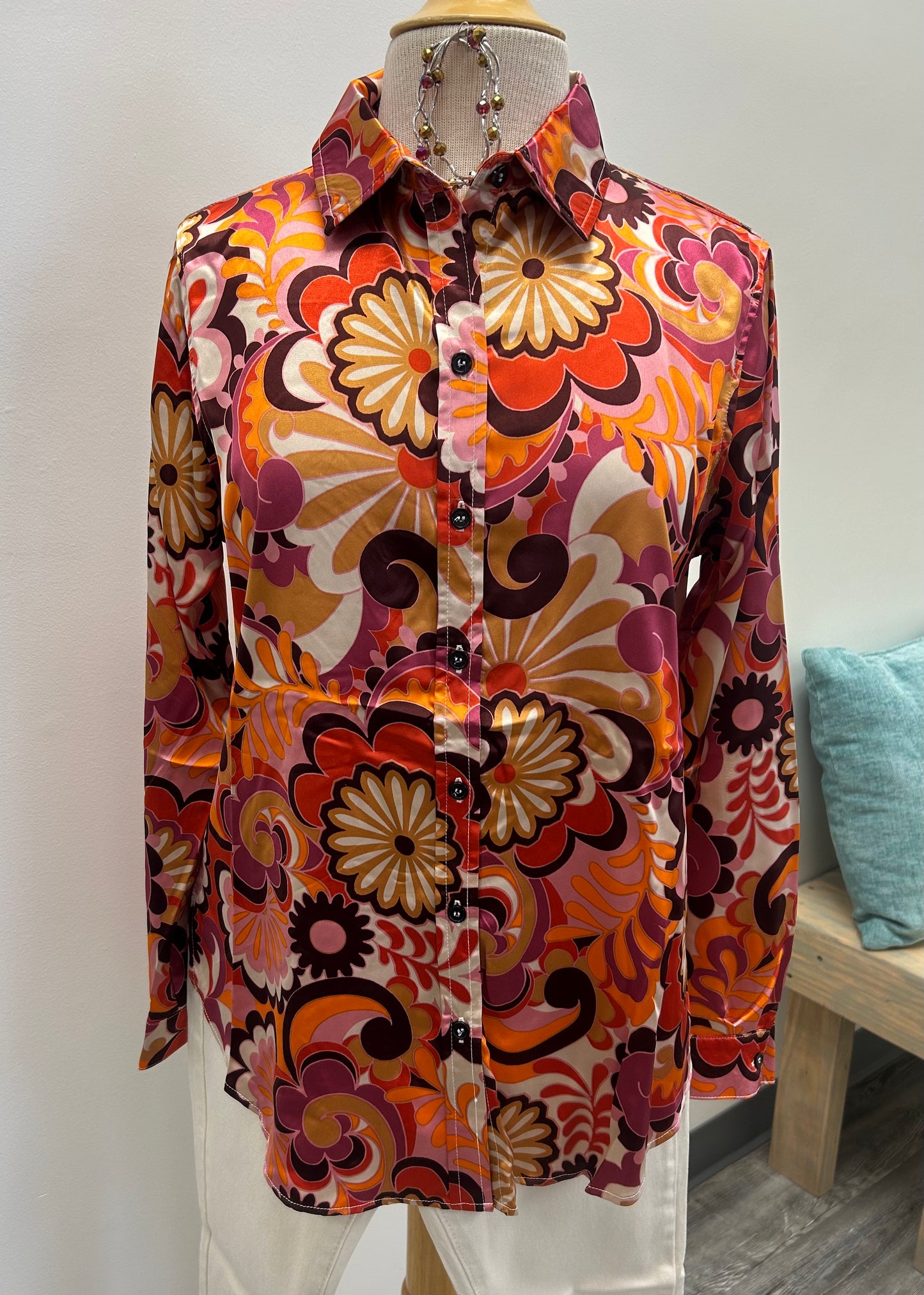 Floral Orange and Red Button Front Top