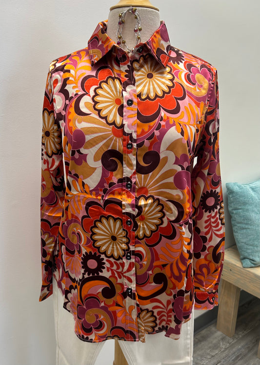 Floral Orange and Red Button Front Top