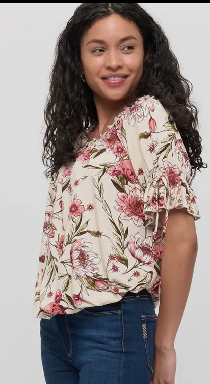 Floral Ruffle Neck Tie Sleeve Peasant Top