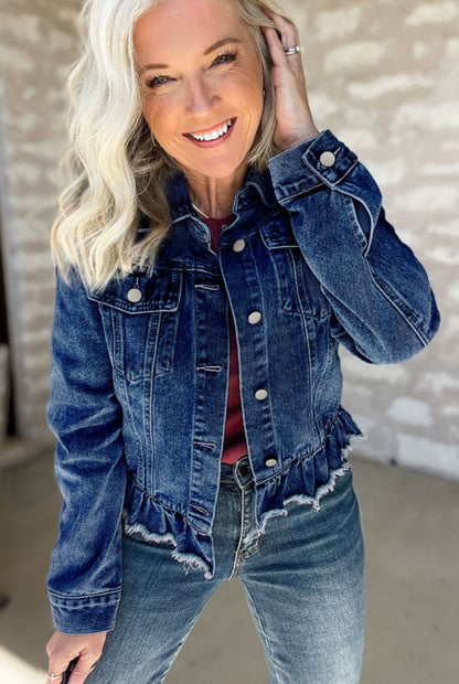 Ruffled Raw Hem Denim Jacket