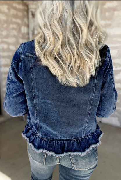 Ruffled Raw Hem Denim Jacket