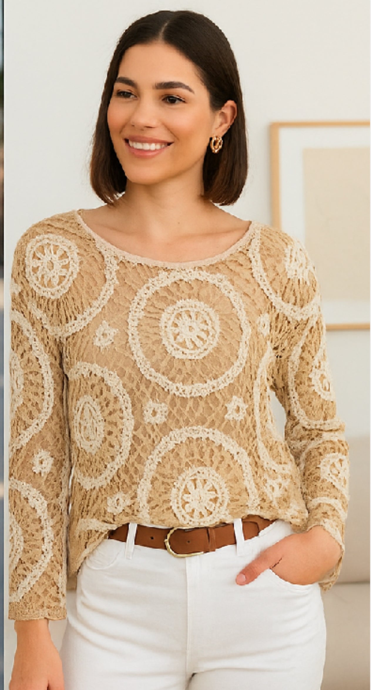 Long Sleeve Crochet Jewel Neck Top