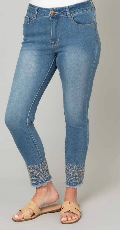 Embroidered Frayed Ankle Jeans