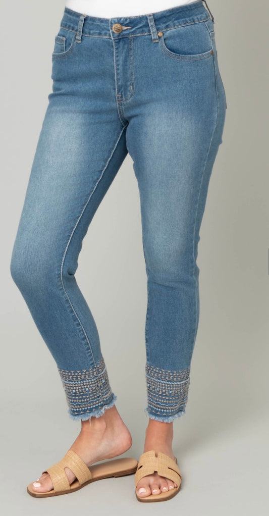 Embroidered Frayed Ankle Jeans