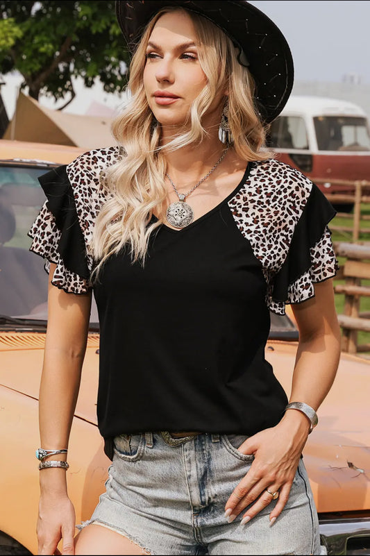 Leopard Ruffle Sleeve Tee