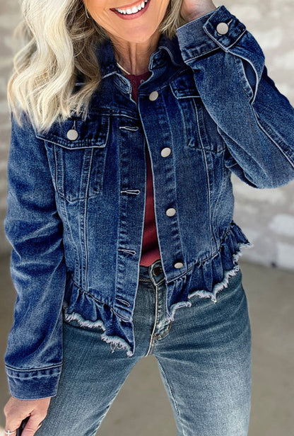 Ruffled Raw Hem Denim Jacket