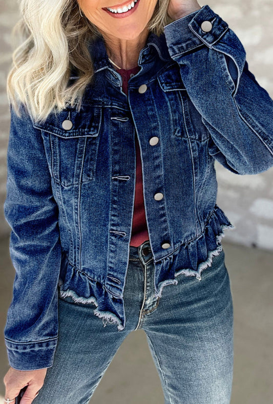 Ruffled Raw Hem Denim Jacket